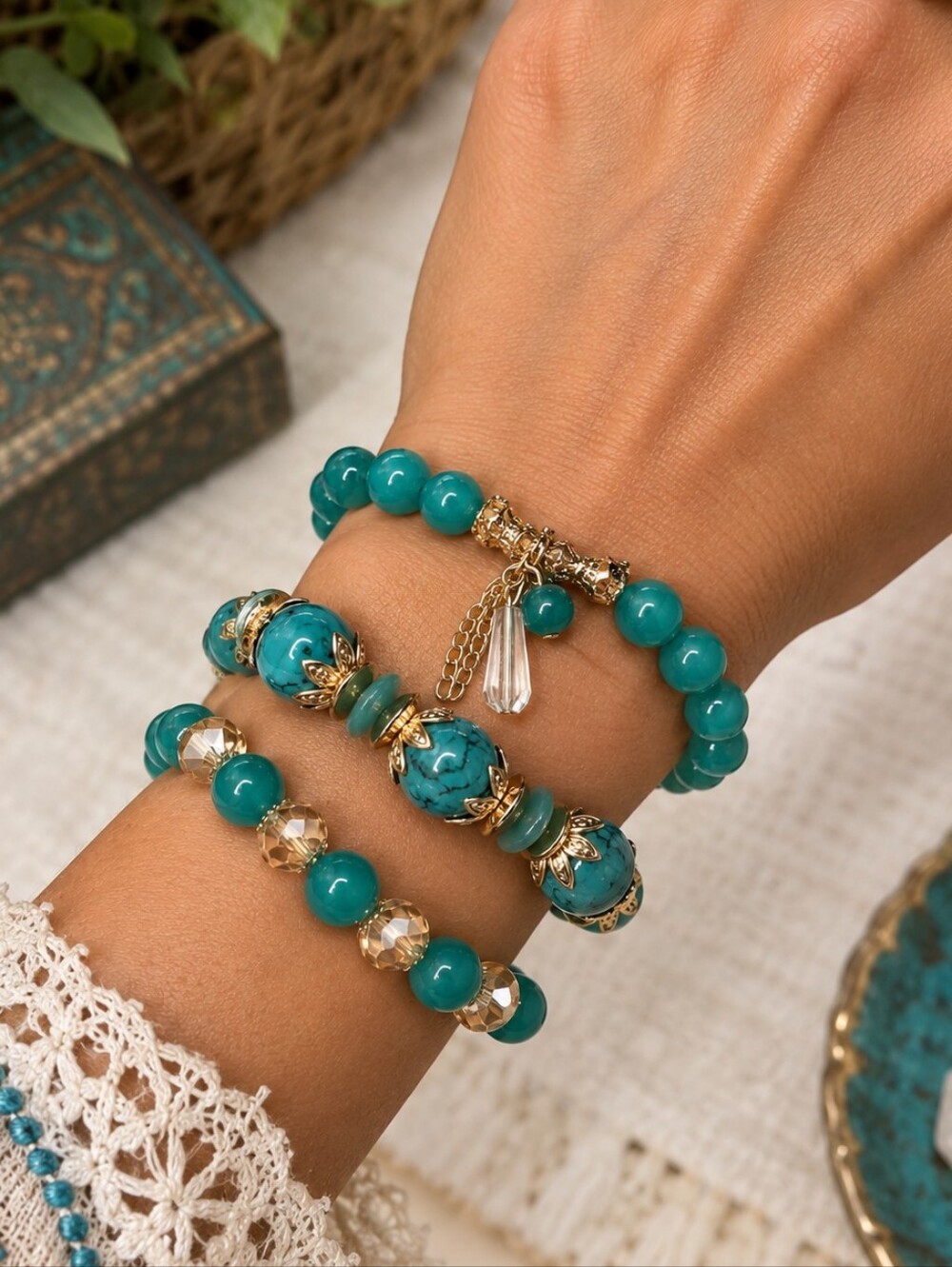 Boho Turquoise Teal Crystal Beaded Stretch Bracelet Set Fashion Jewelry Stack